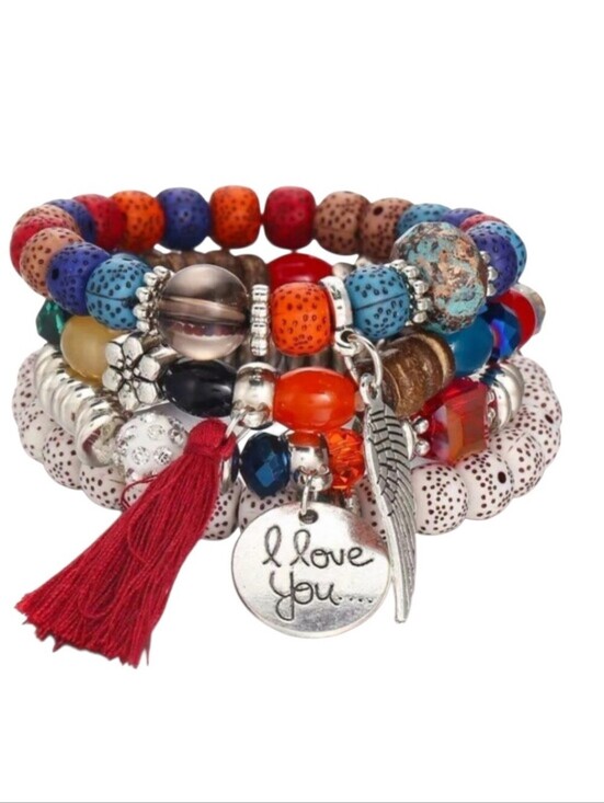 Fashion Jewelry Jewelry - Beaded Multi-layer Bracelet With Tassel & Charm 4 Bracelets Set